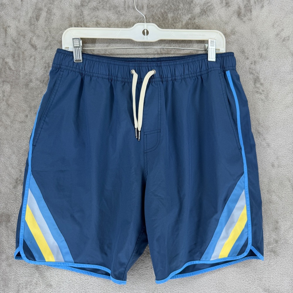 Fair Harbor Mens Navy Blue Striped BreezeKnit Board Shorts Swim Trunks Large